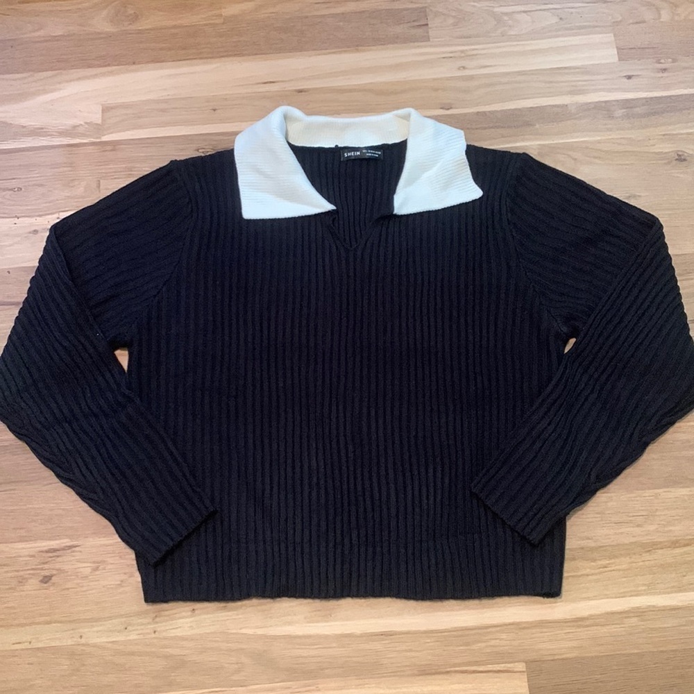 SHEIN Collared Ribbed Knit Long Sleeve Sweater Black & White Women’s L